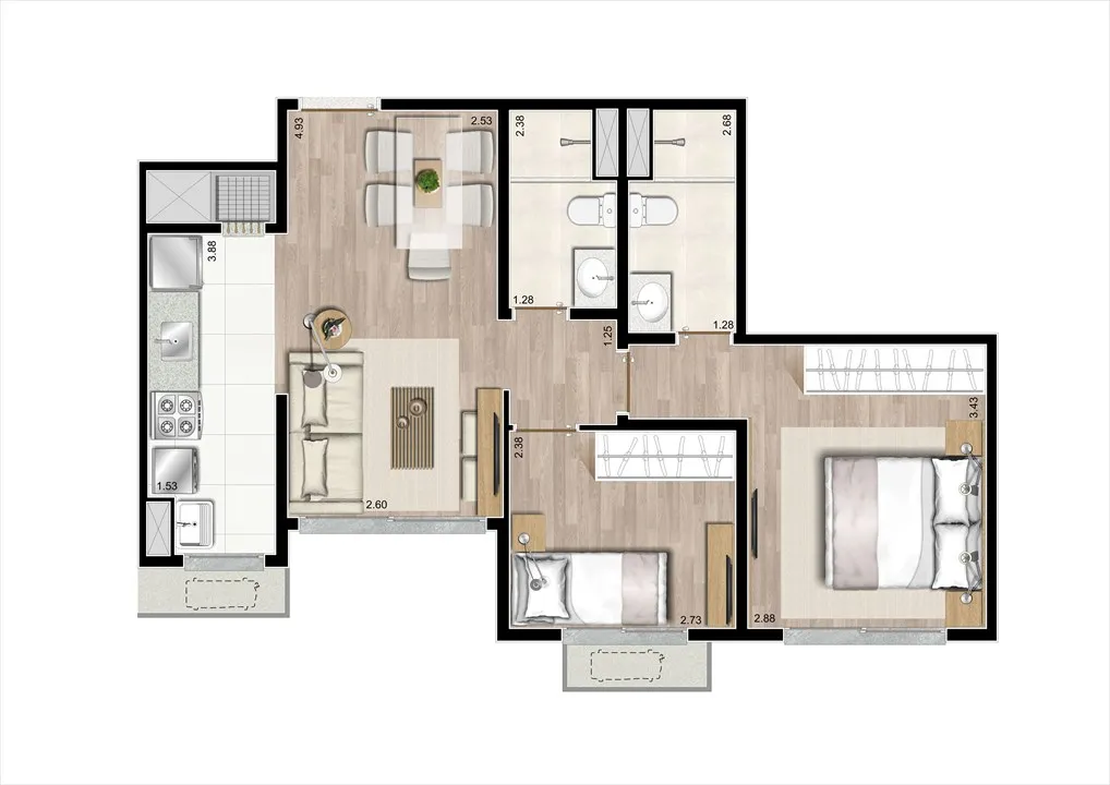 Planta | 2 dorms com suíte