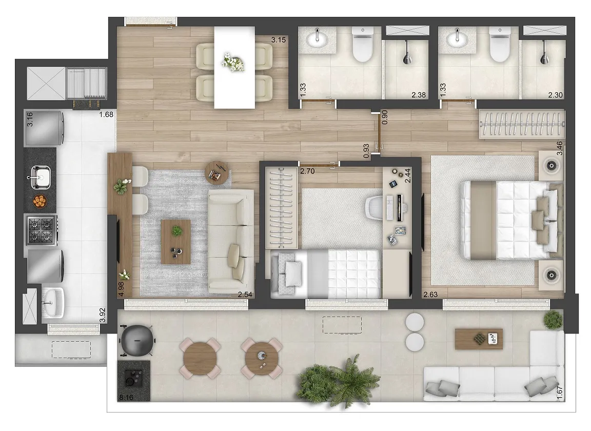 Planta | 2 dorm com área externa