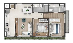 2 domitórios 69m²