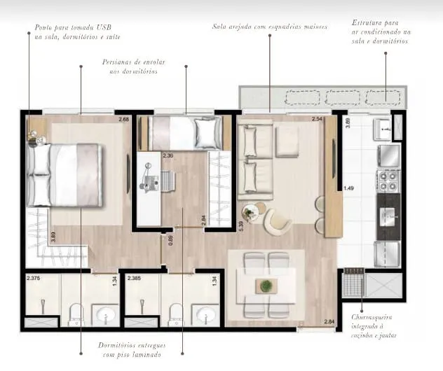 2 dorms | 58m²