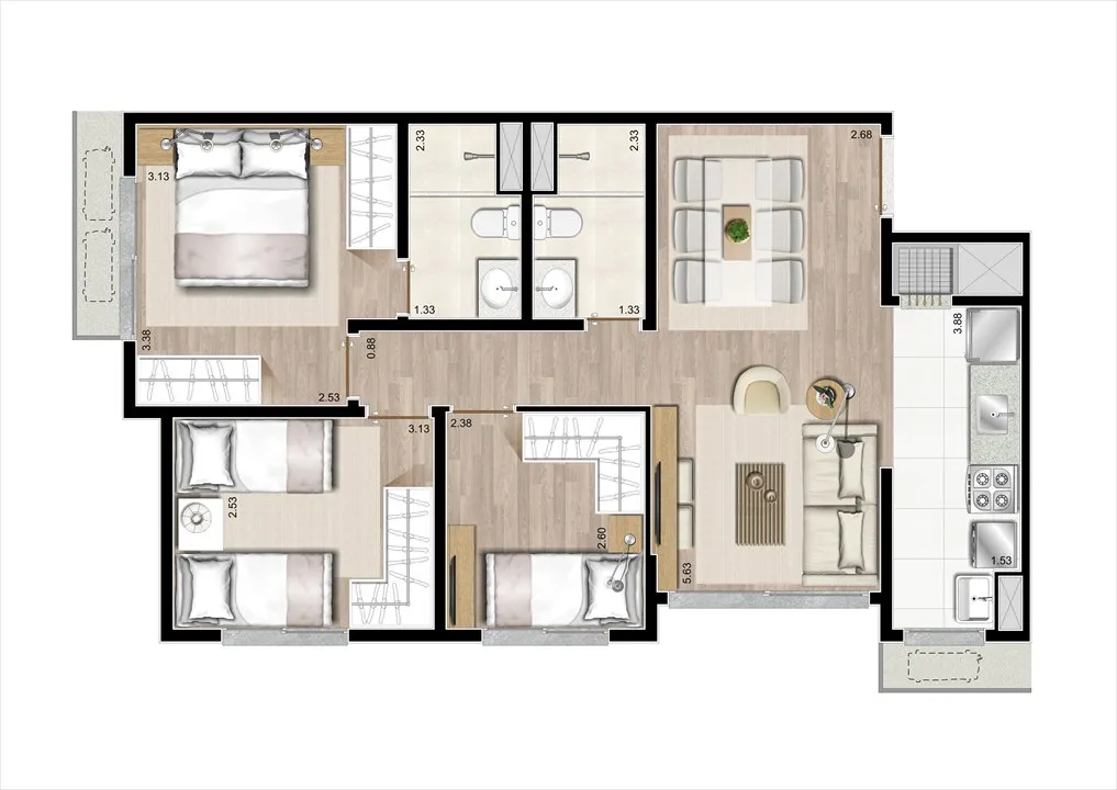 Planta | 3 dorms com suíte 67m²
