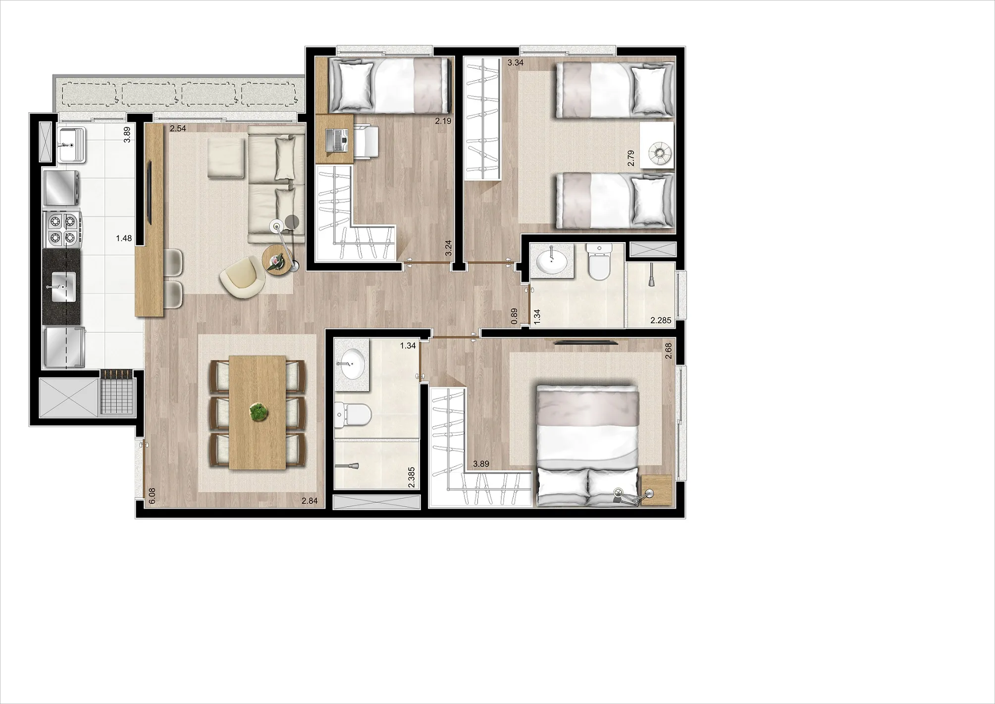 3 dorms | 72m²