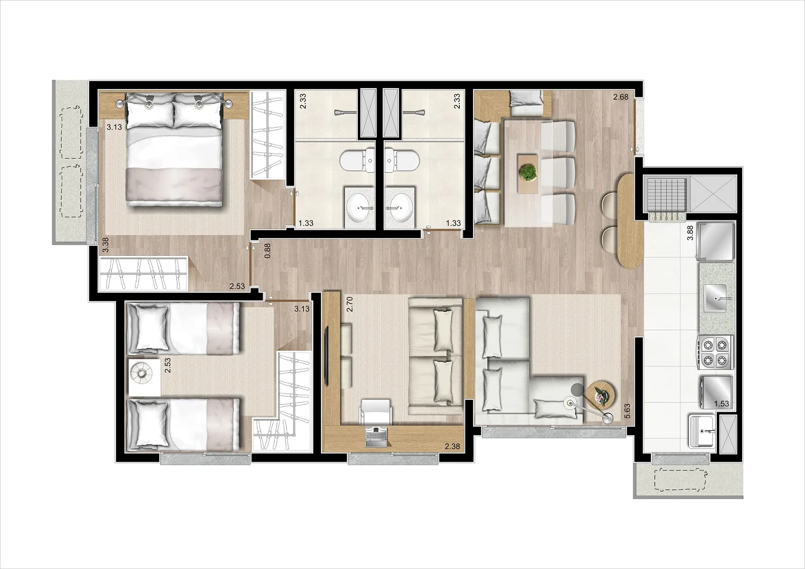 Planta | 3 dorms com living estendido 67m²