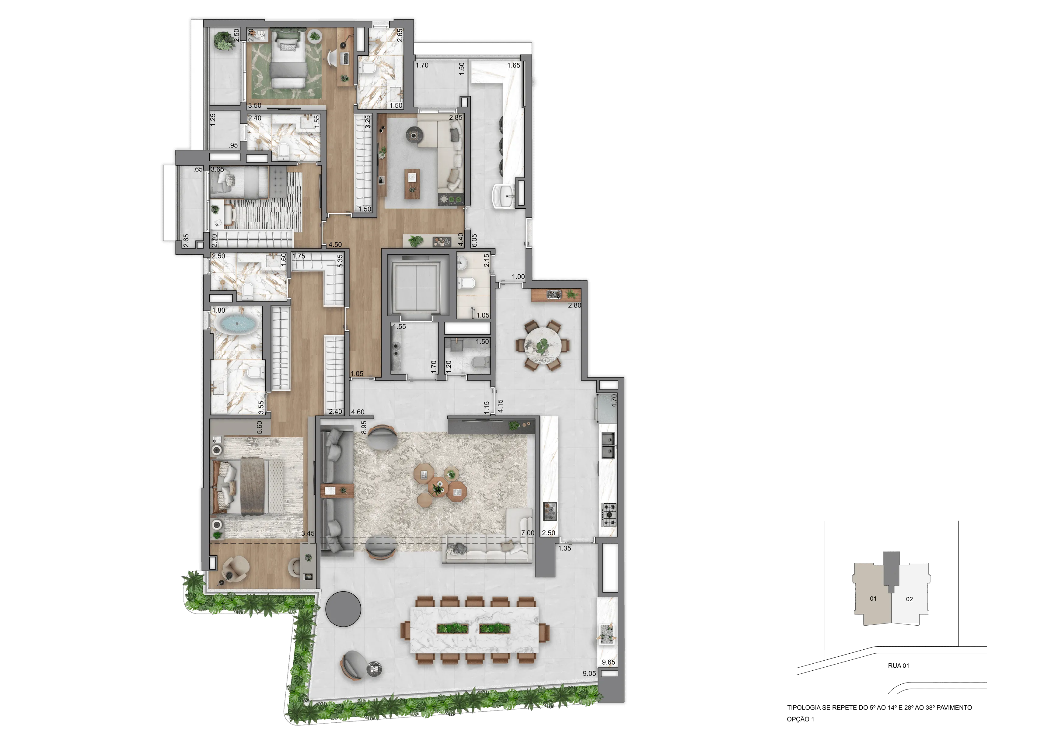 Planta Opção I - 263 m² | 3 Suítes