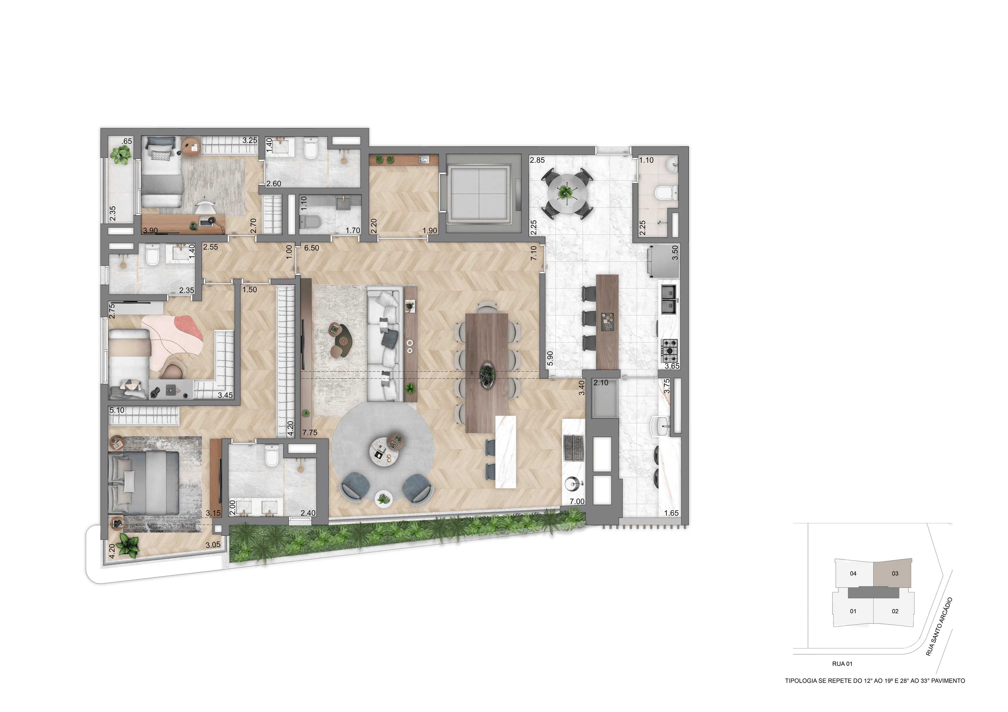 Planta Opção I - 169 m² | 3 Suítes