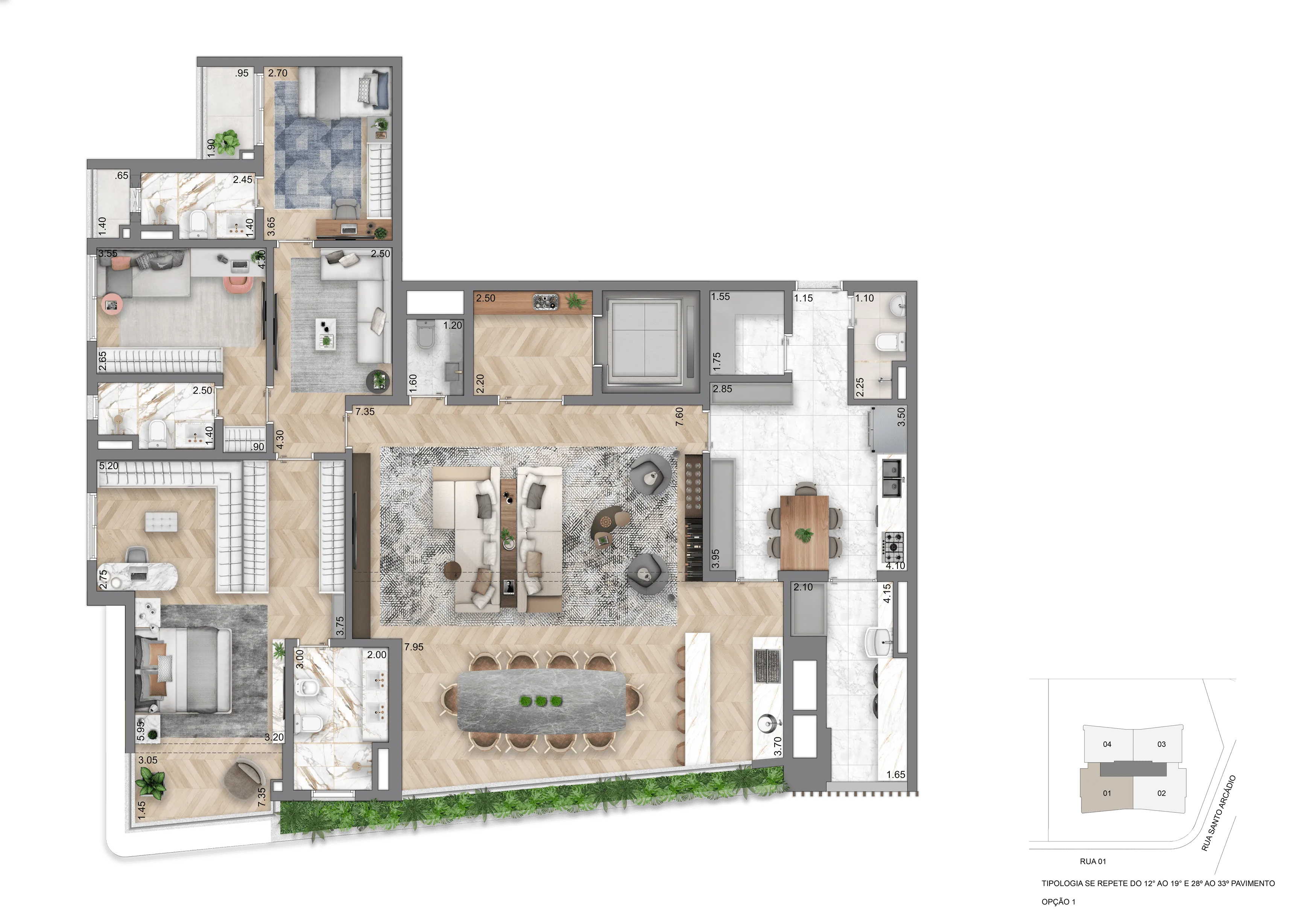 Planta Opção I - 208 m² | 4 Dorms (2 Suítes)