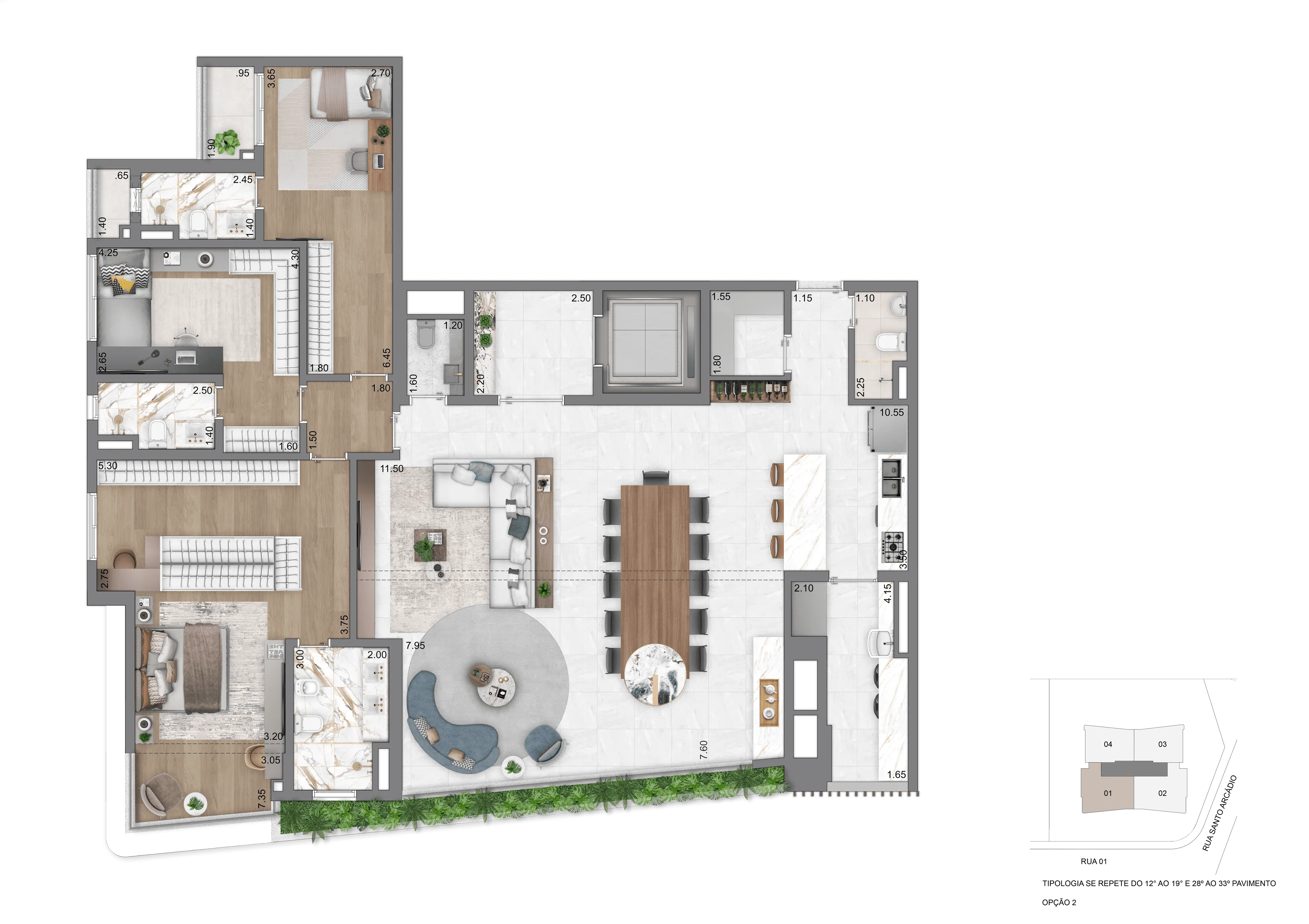 Planta Opção II - 208 m² | 3 Suítes