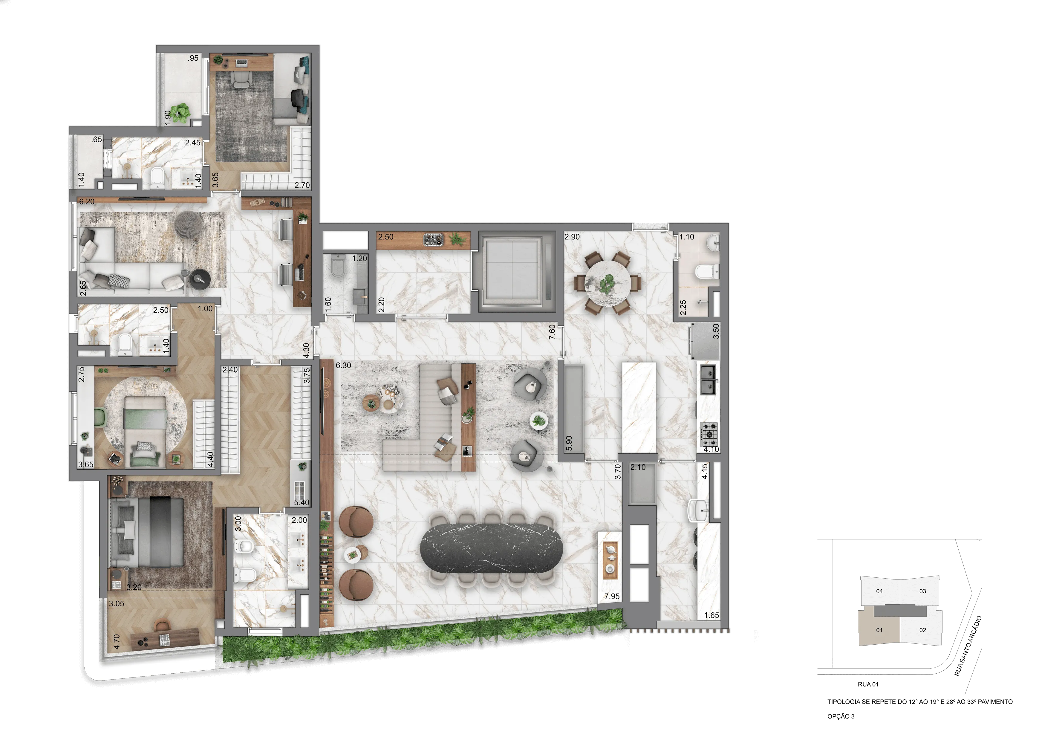 Planta Opção III - 208 m² | 3 Suítes