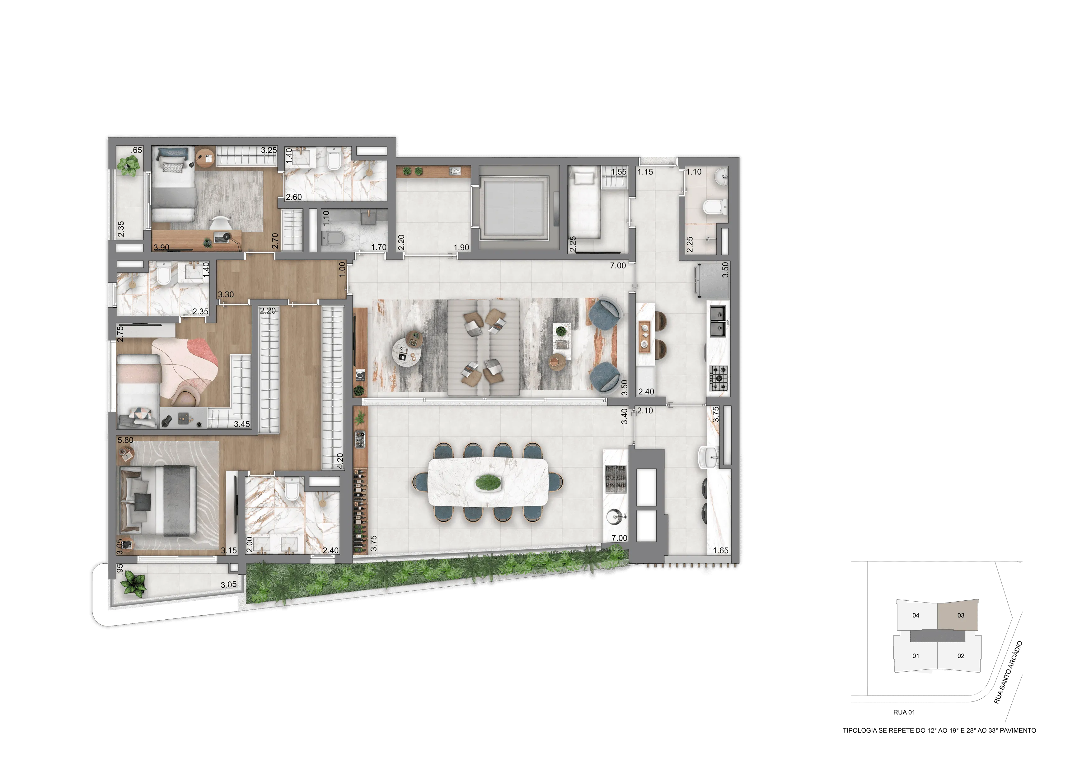 Planta Padrão - 169 m² | 3 Suítes