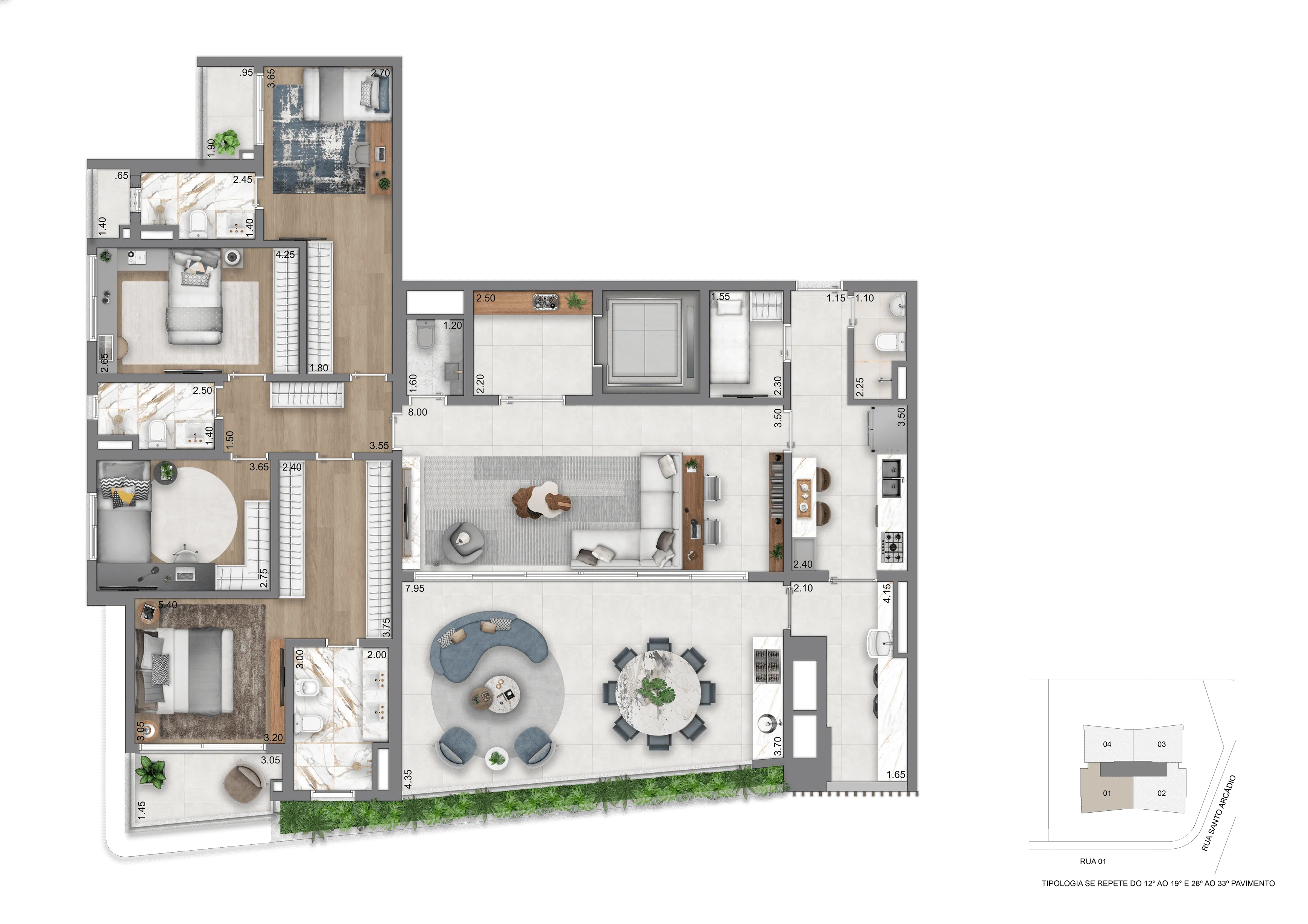 Planta Padrão - 208 m² | 4 Dorms (2 Suítes)