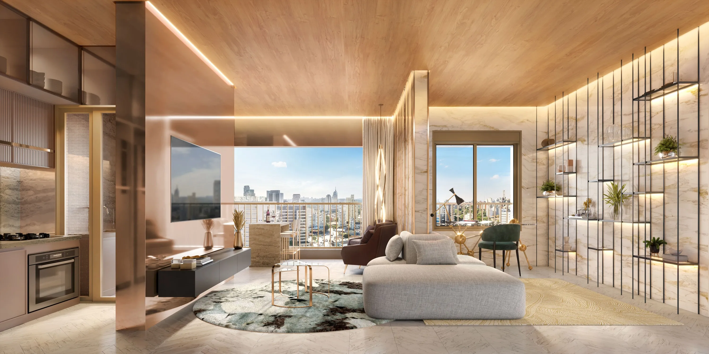 Perspectiva Ilustrada do apartamento de 66 m²