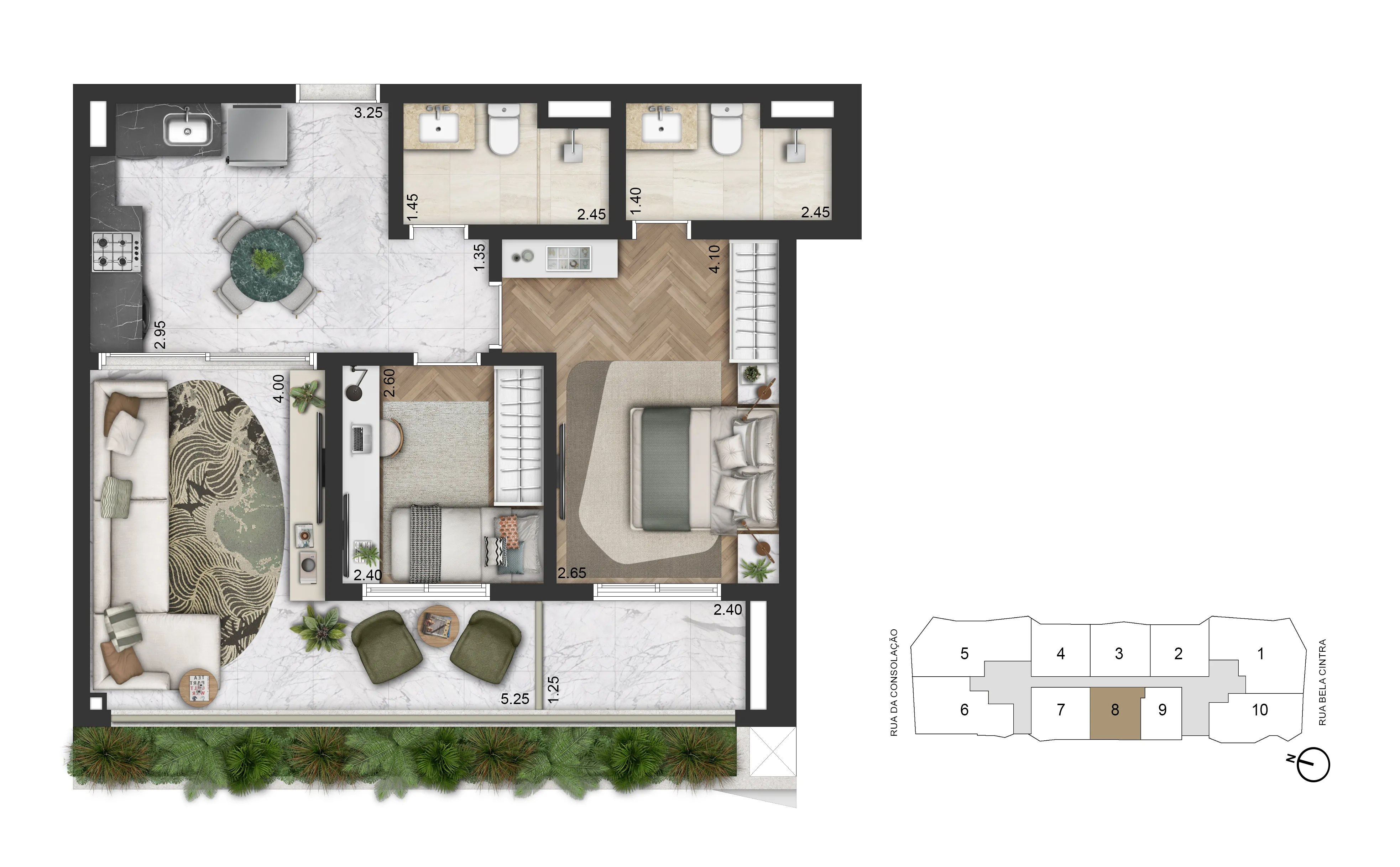 Planta Padrão 71 m² | 2 Dorms 