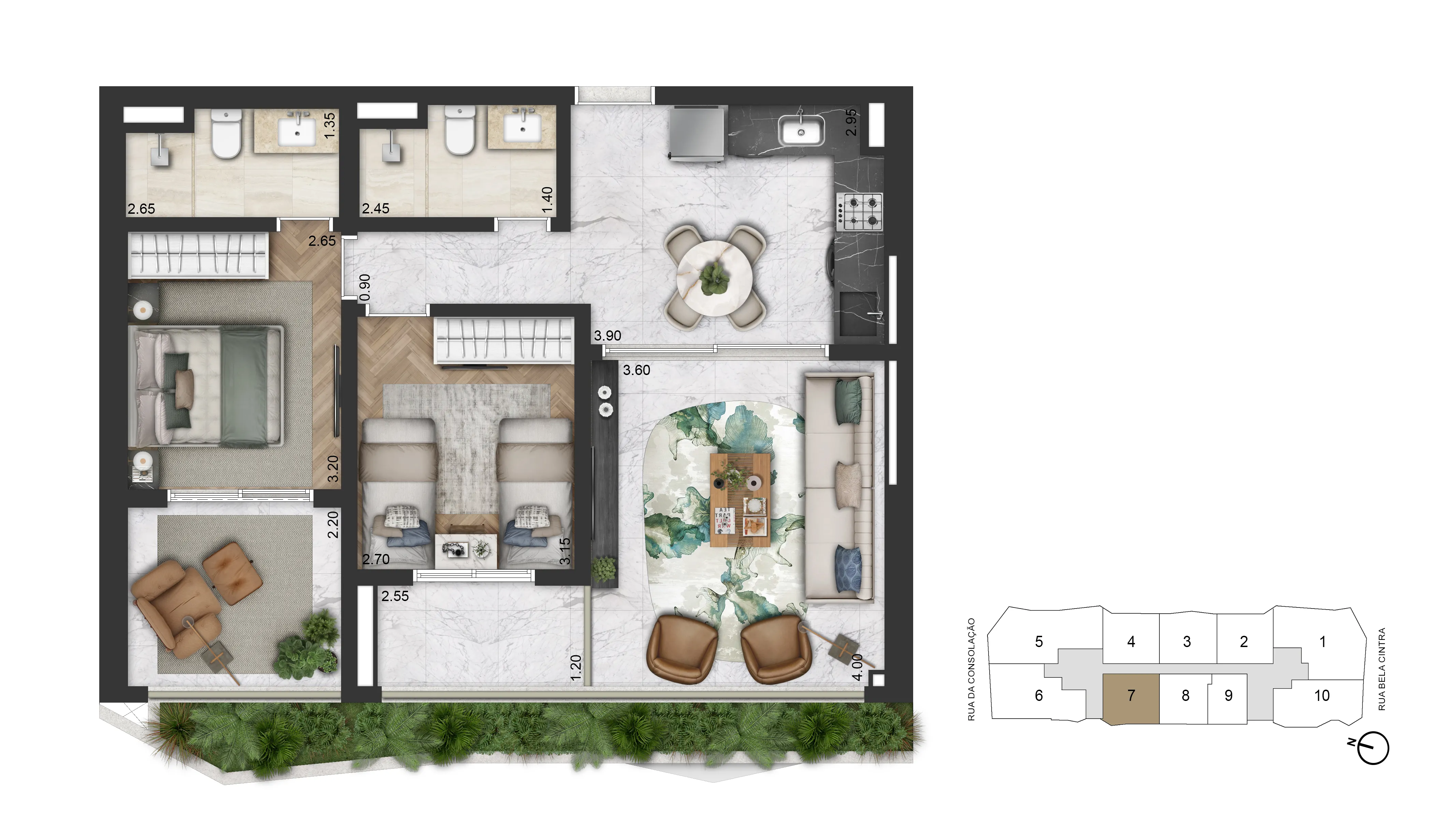 Planta Padrão 82 m² | 2 Dorms 