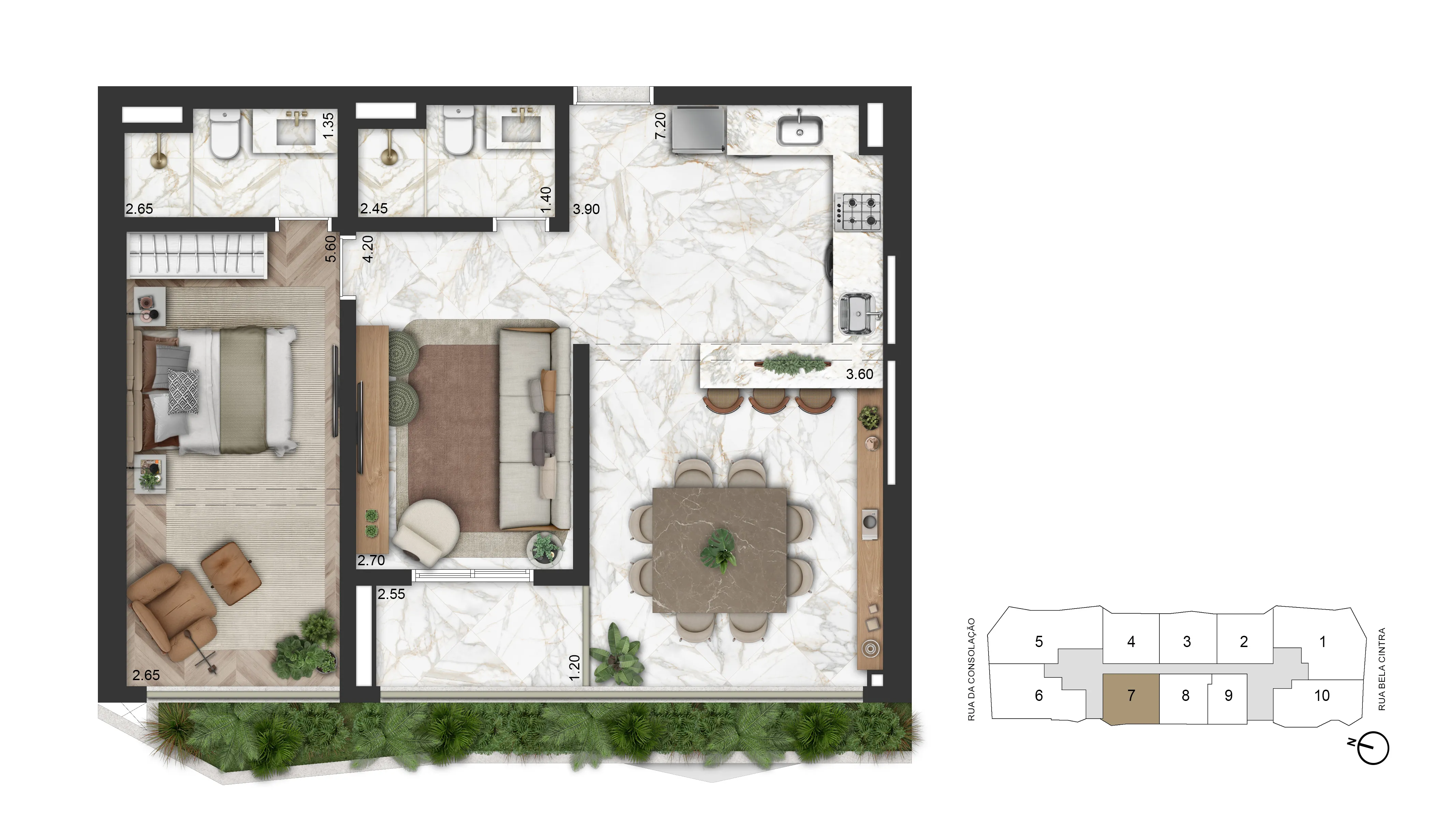 Planta Opção 82 m² | 2 Dorms + Sala Ampliada