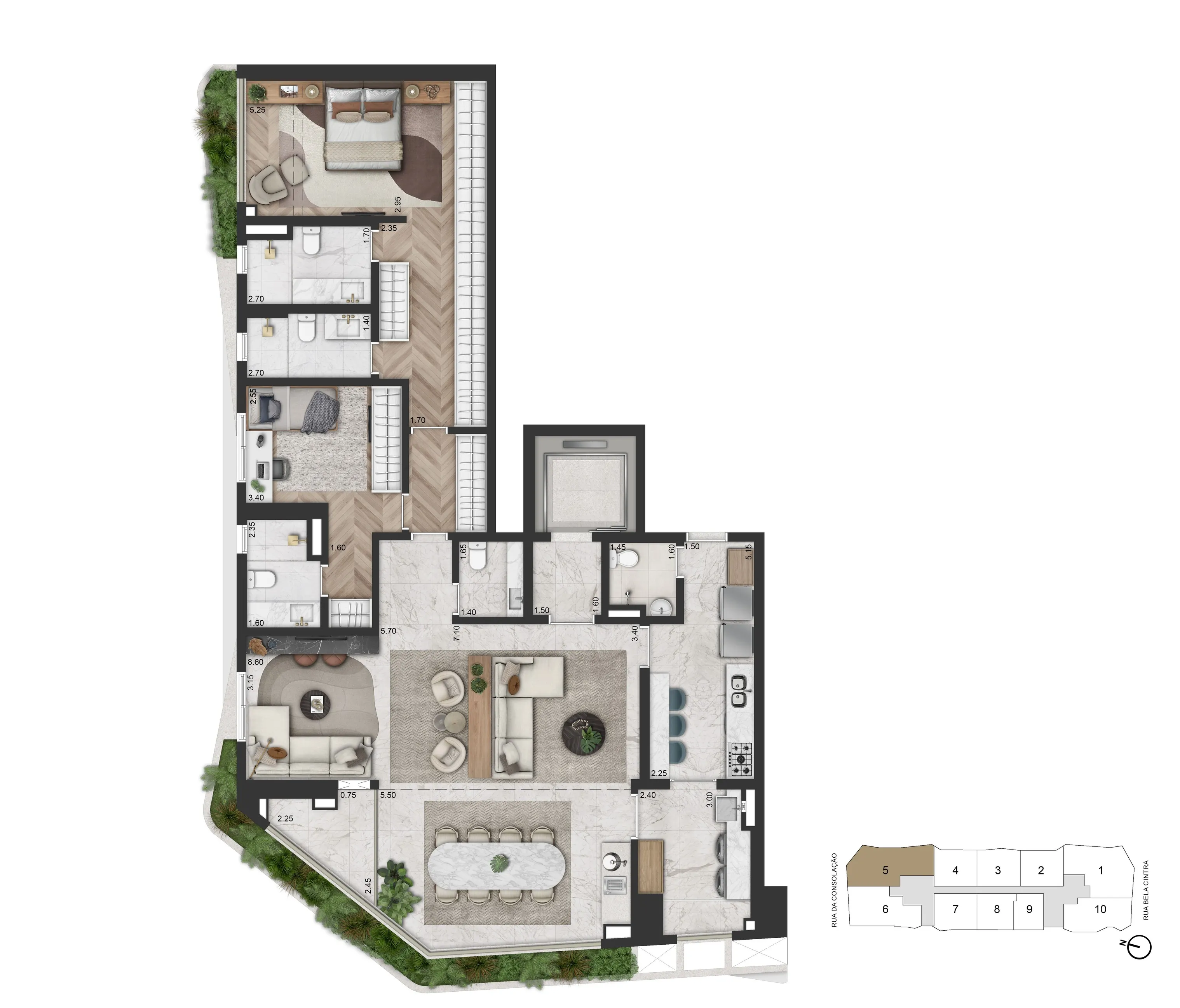 Planta Opção 169 m² | 2 Suítes + Sala Ampliada