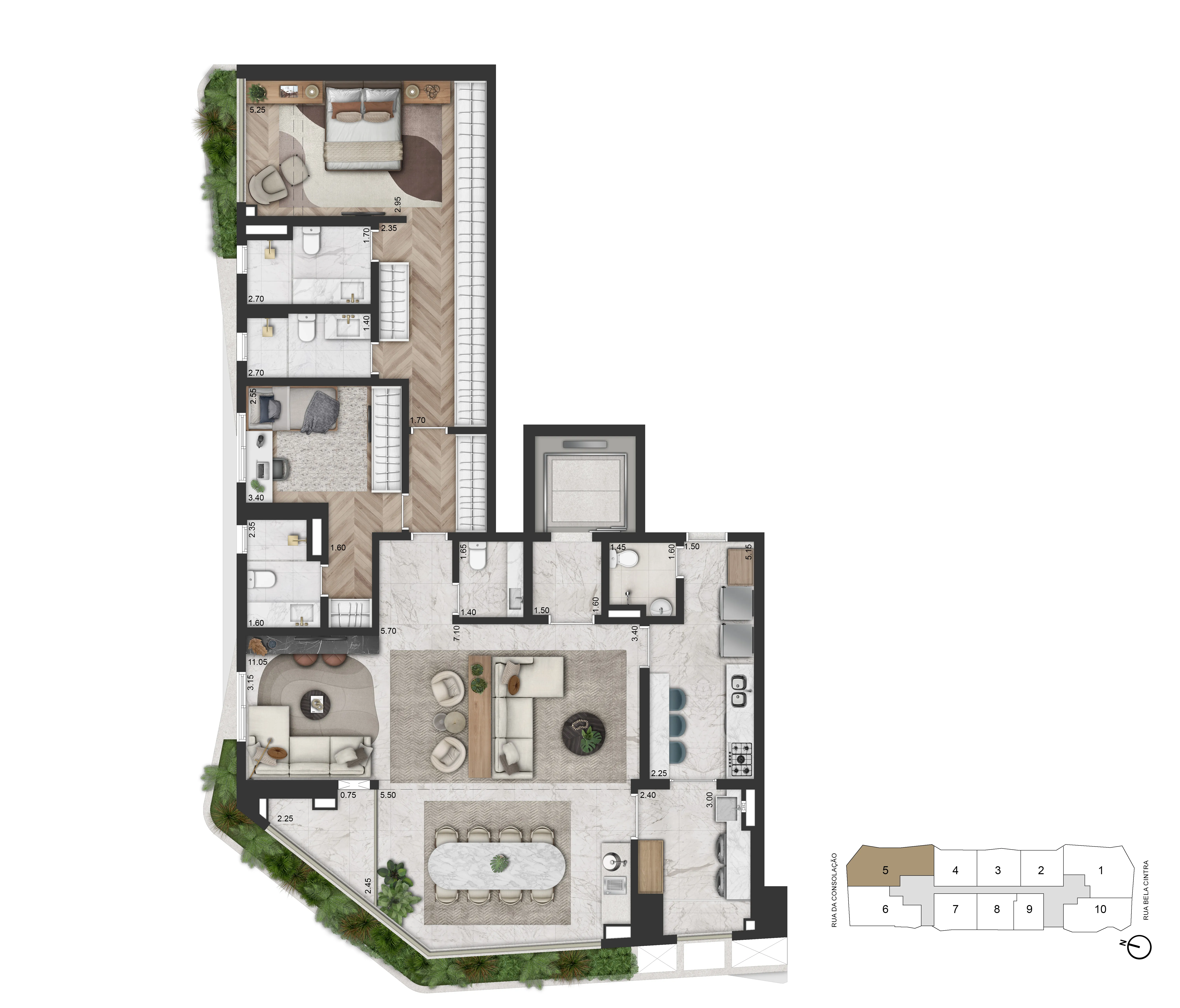 Planta Opção 169 m² | 2 Suítes + Sala Ampliada