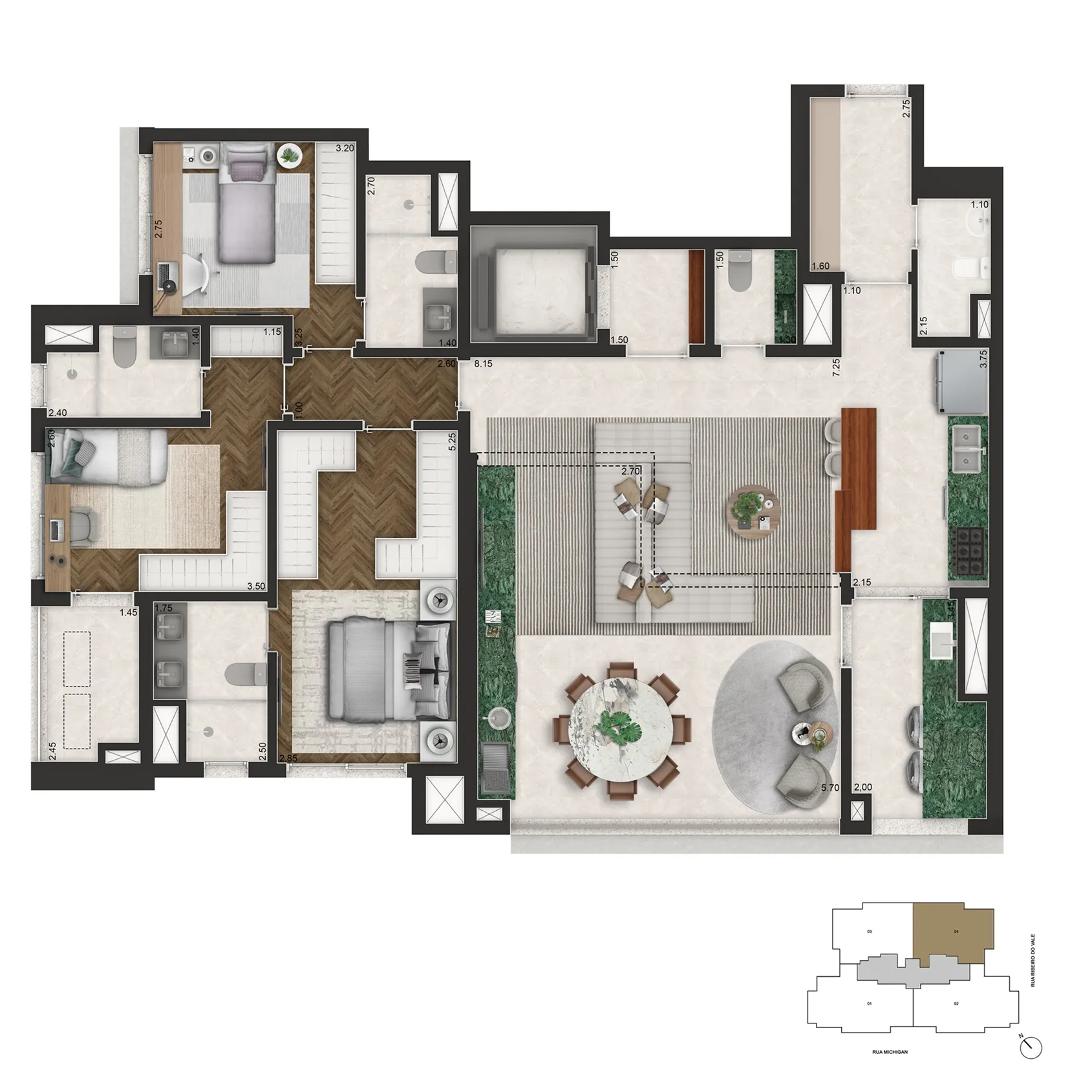 Planta Opção 3 Dormitórios | 145m²