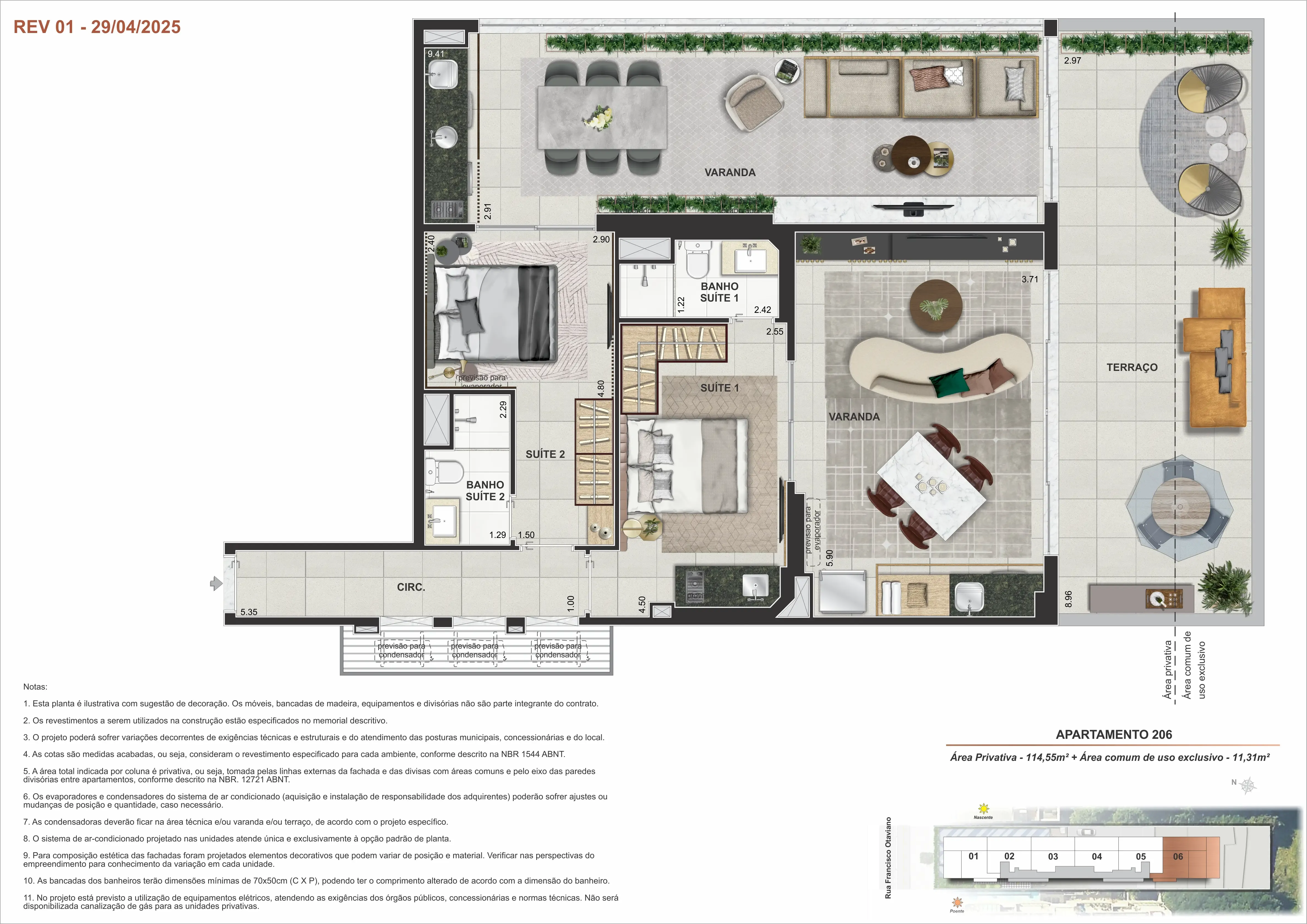 Ap 206 - árrea privayiva - 114,55m³ + área comum de uso exclusivo - 11,31m²
