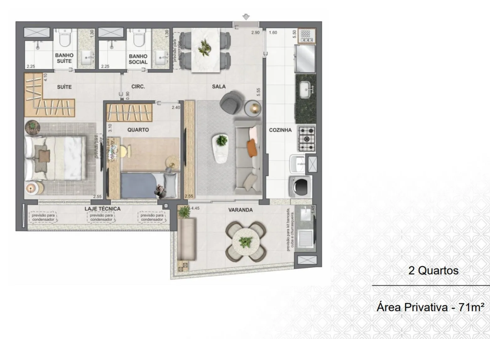 2 quartos de 70m²