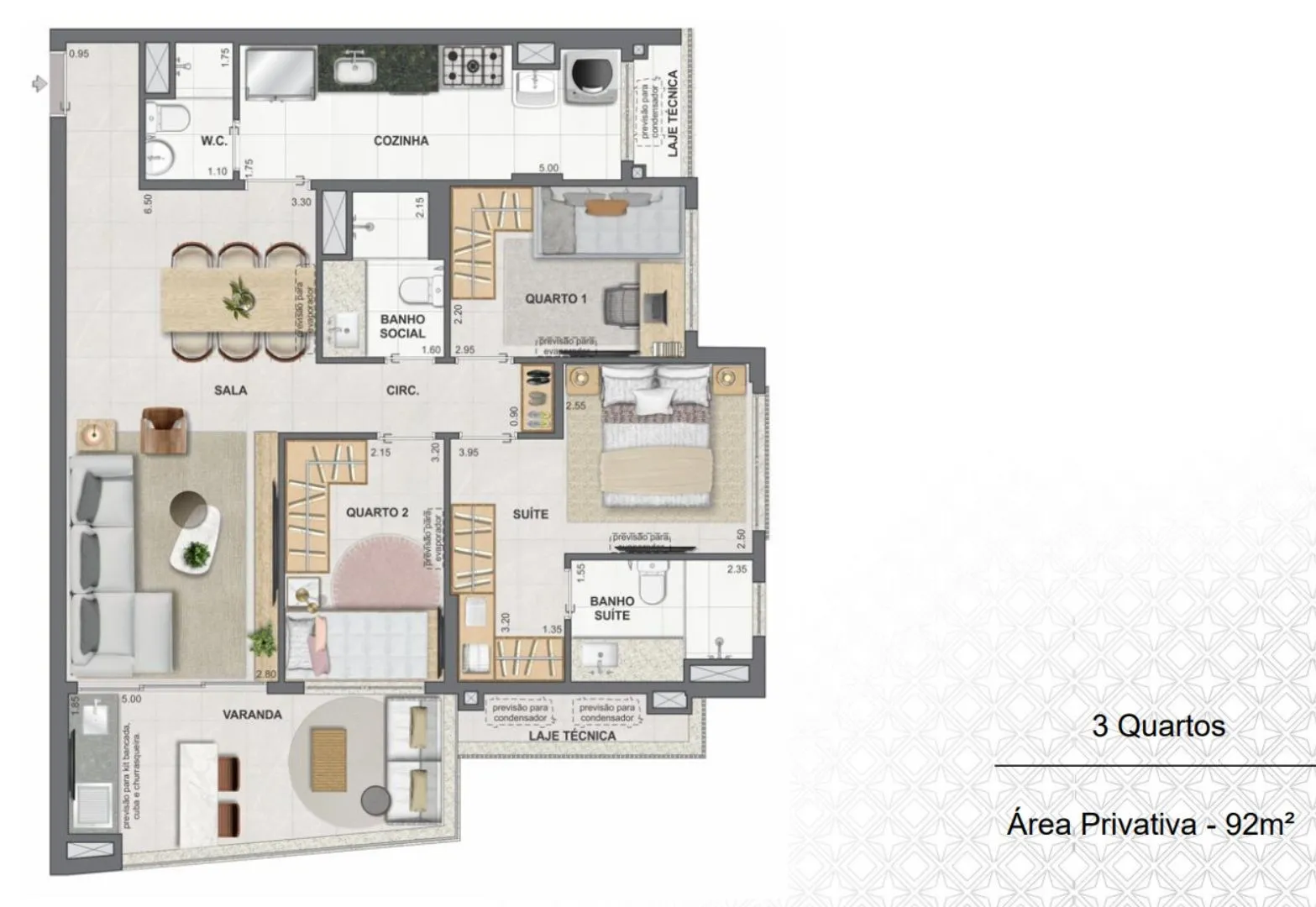 3 Quartos de 90m²