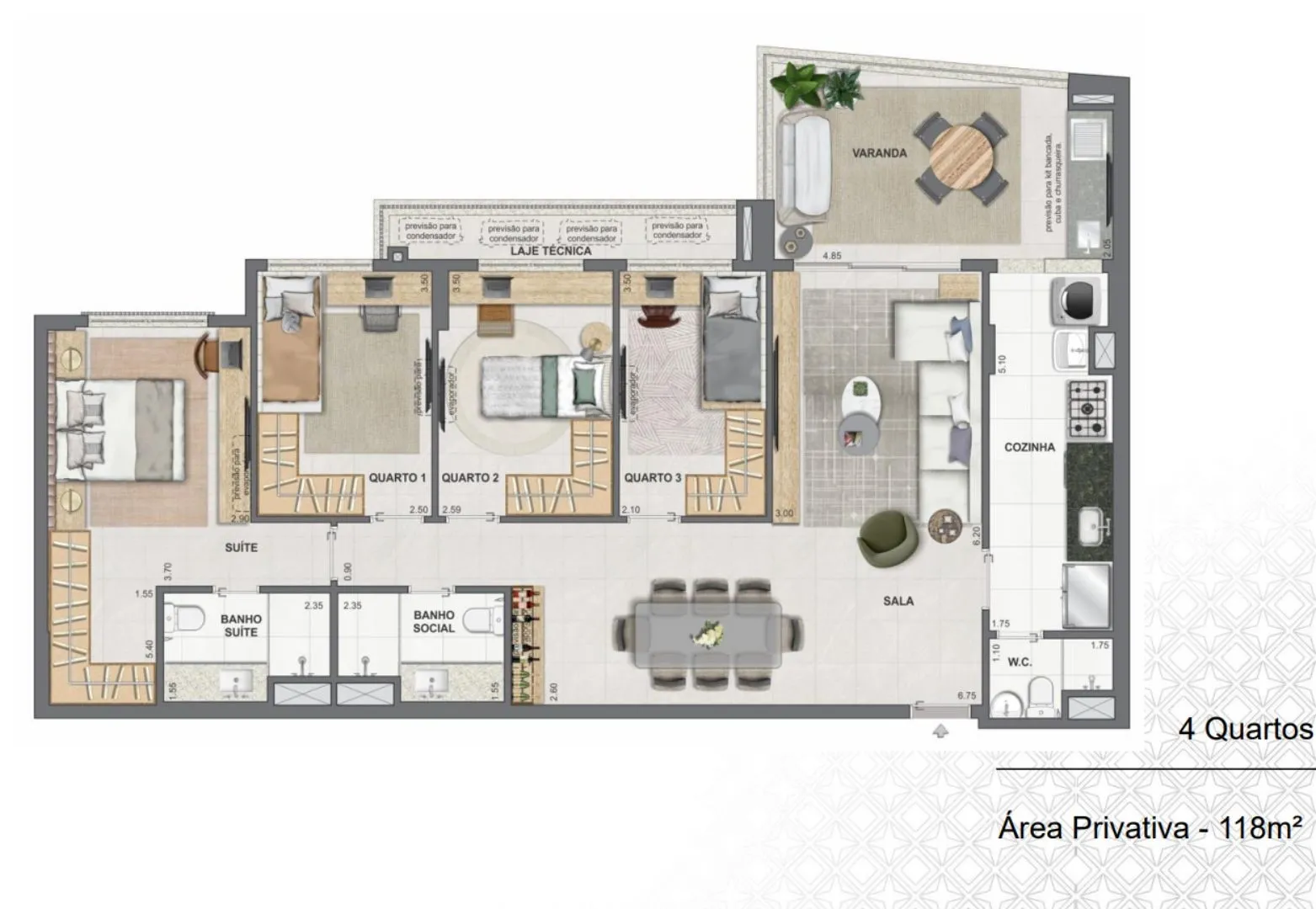 4 quartos de 118m²