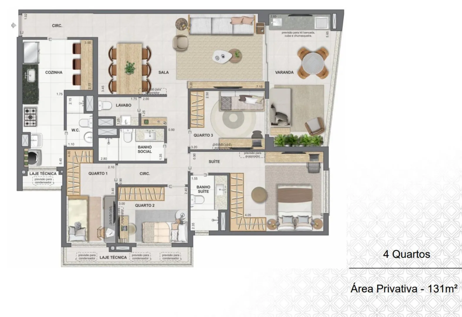 4 quartos de 131m²