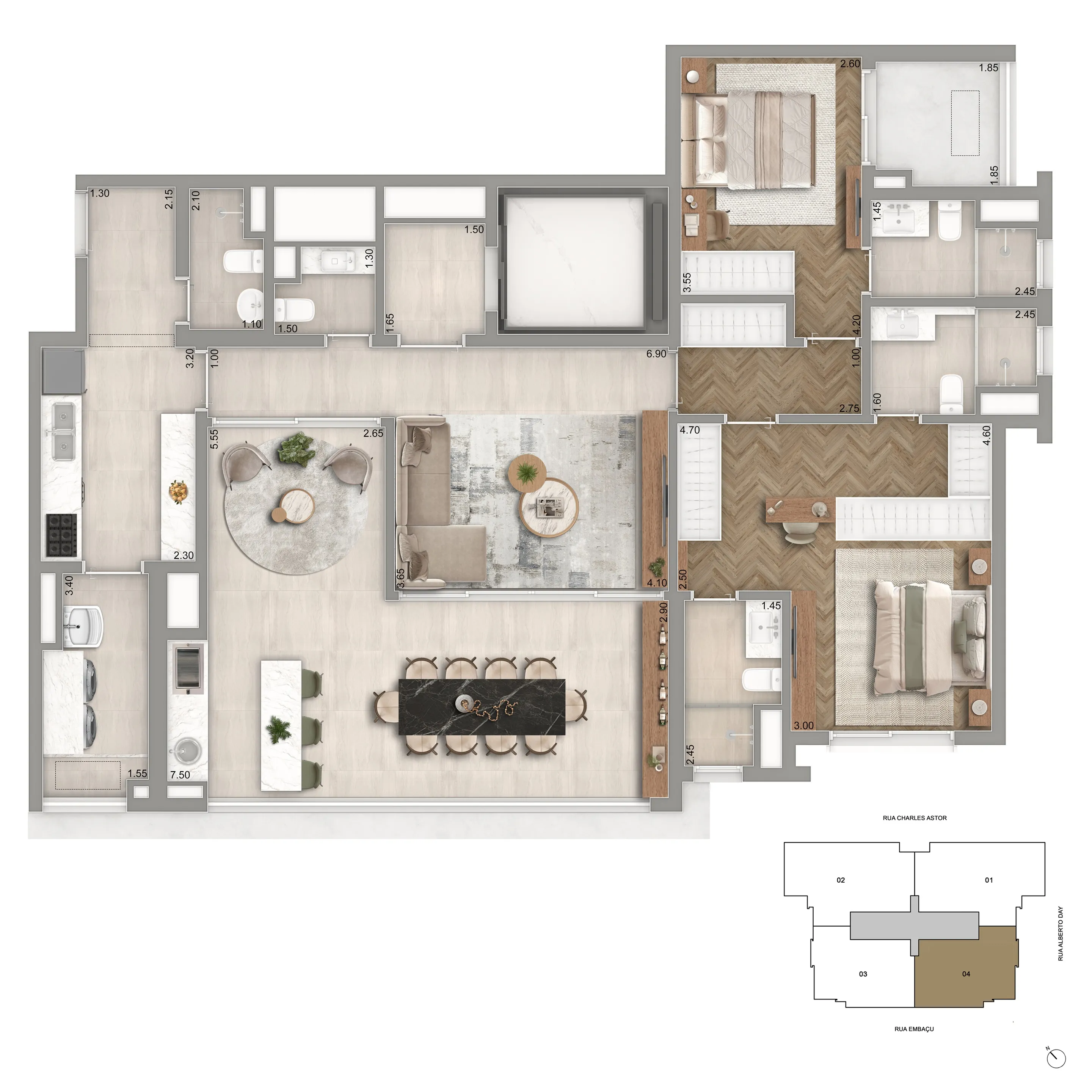 Planta Opção 01 | 136m² | 2 Suítes | Sala Ampliada + Banho Sr. E Sra.