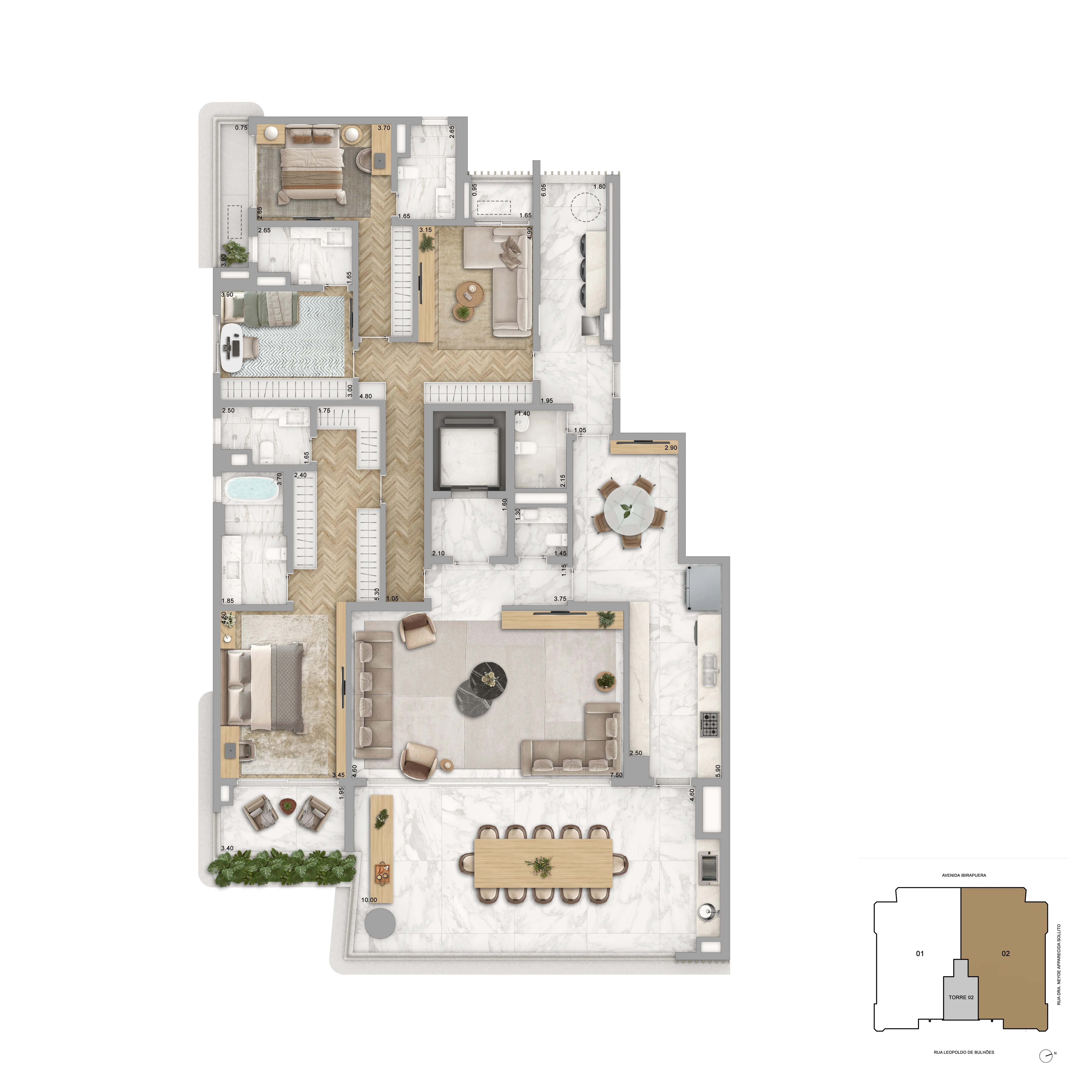 Planta Opção 277m² | 3 Suítes + Sala Íntima + Master com Banho Sr. e Sra.