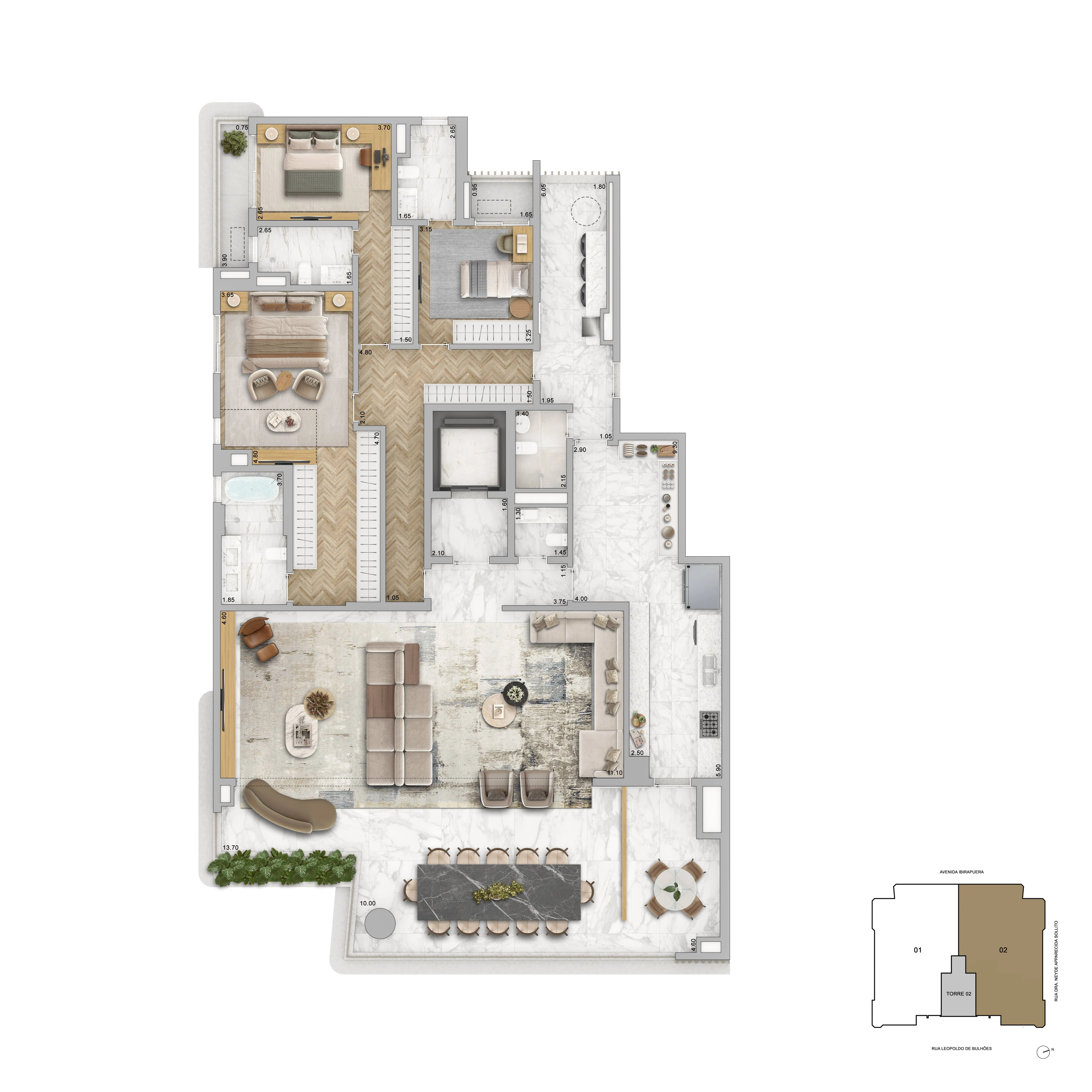Planta Opção 277m² | 3 Suítes + Sala e Cozinha Ampliadas