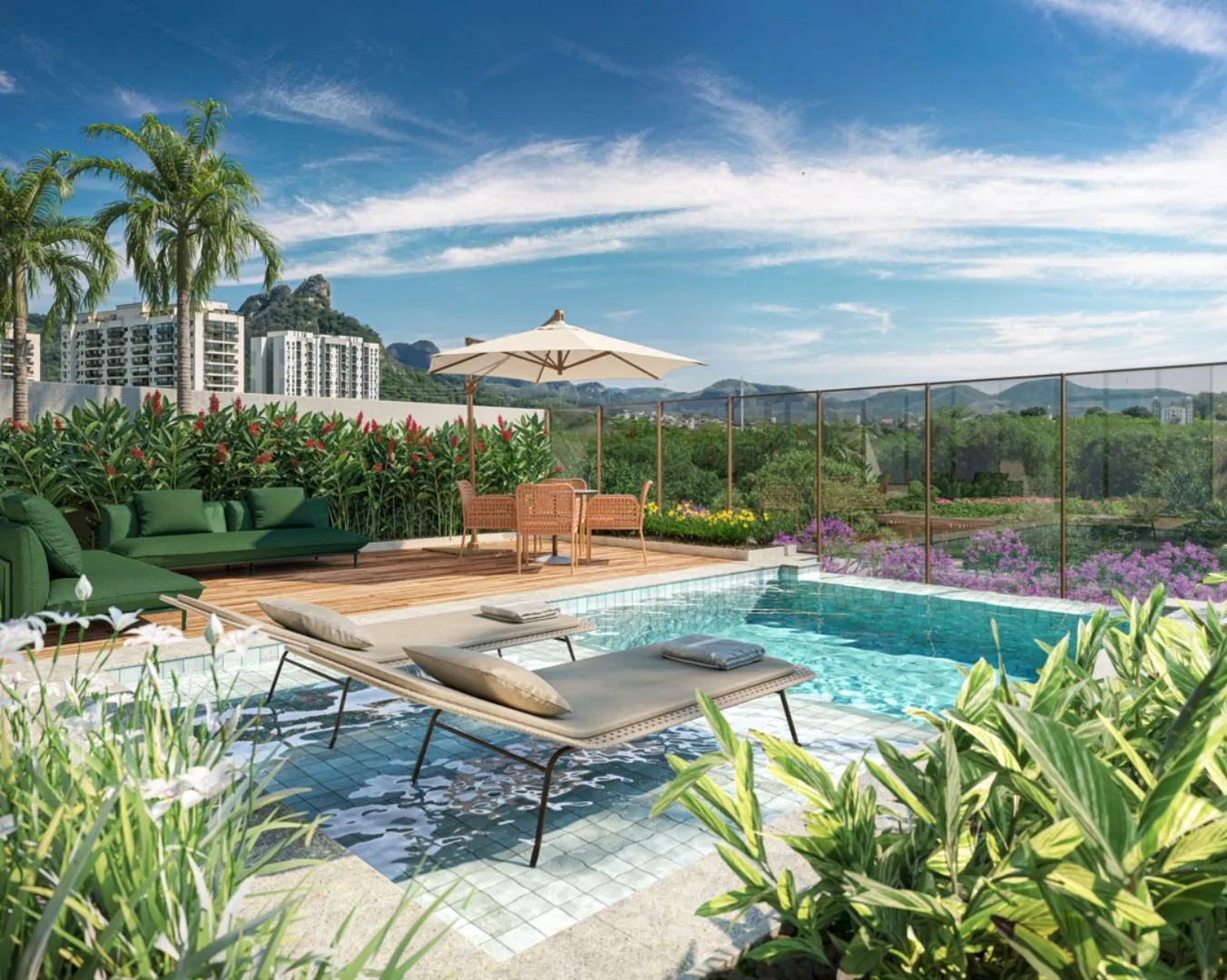 ILUSTRAÇÃO ARTÍSTICA - TERRAÇO DA POOL HOUSE COM VISTA PARA O PARQUE LINEAR DO CIDADE JARDIM