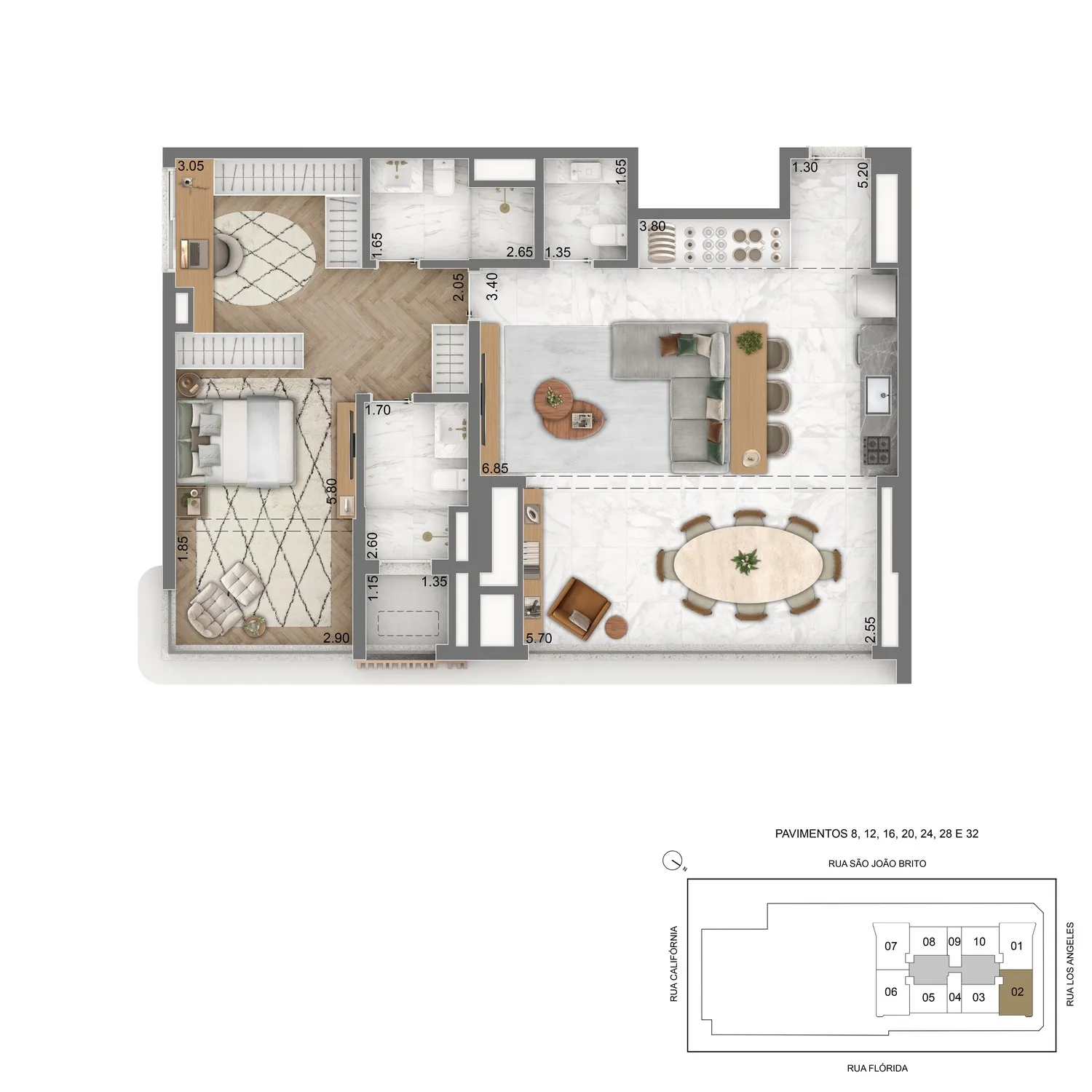 Planta Tipo 96m² - 1 suítes + sala ampliada