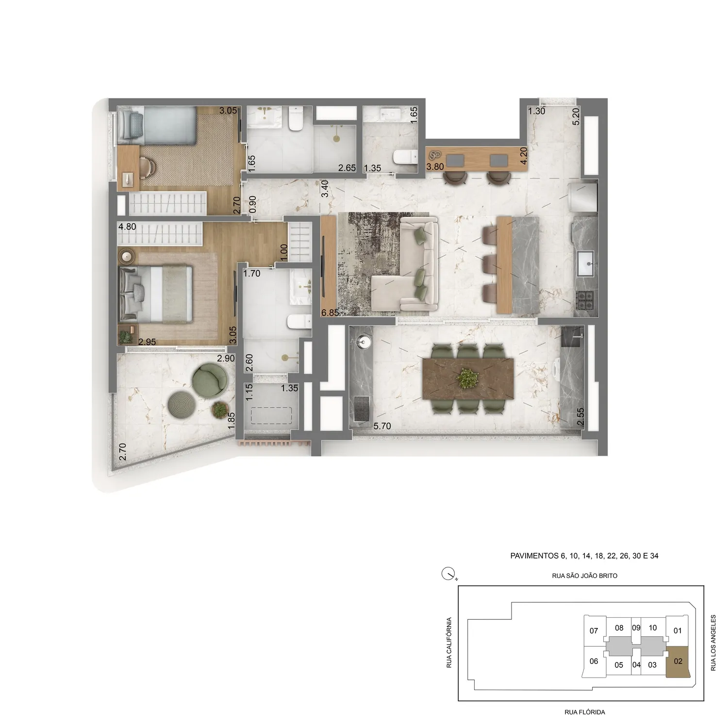 Planta Tipo 98m² - 2 suítes