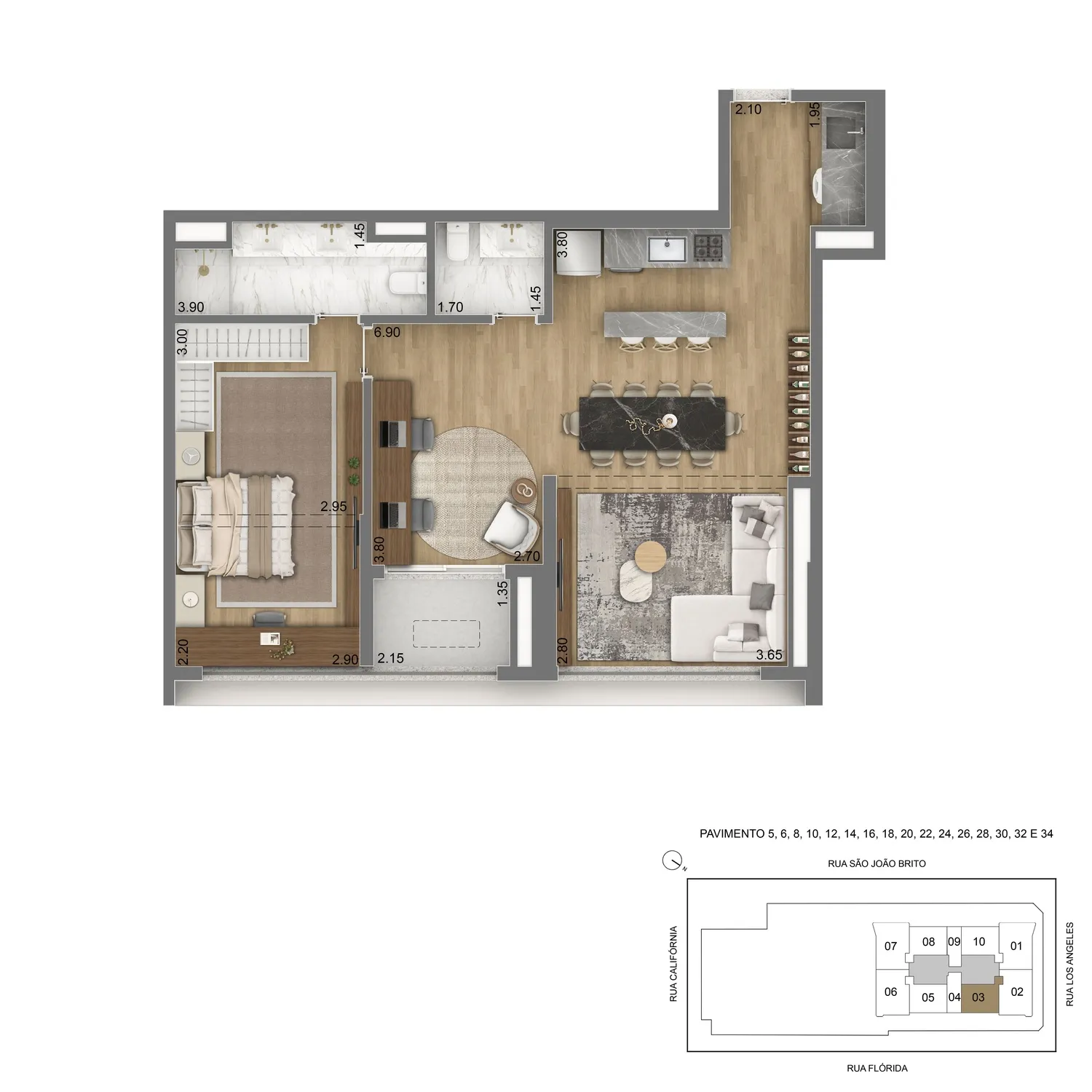 Planta Tipo 80m² - 1 suíte + home office
