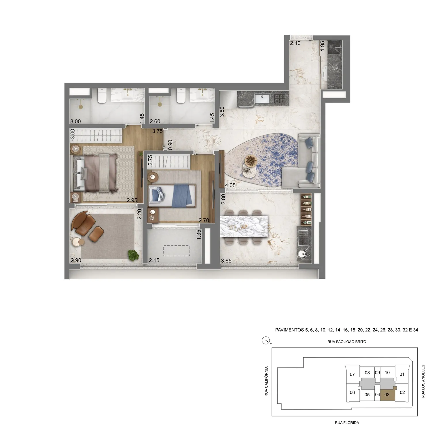 Planta Tipo 80m² - 2 dorms