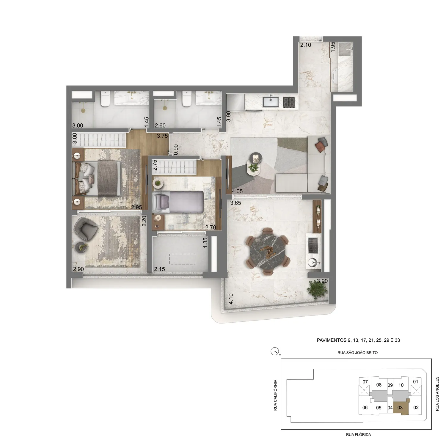 Planta Tipo 85m² - 2 dorms