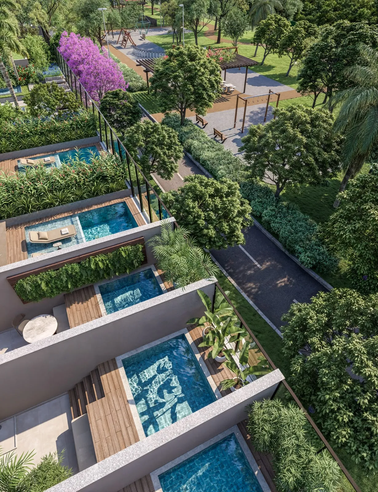 ilustração Artística gardens e pool house do Edifício Polinésia
